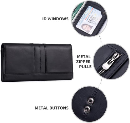 RFID Blocking Wallets for Women Leather Long Ladies Wallet Bifold Womens Wallet with Coin Pocket ID Window,Black