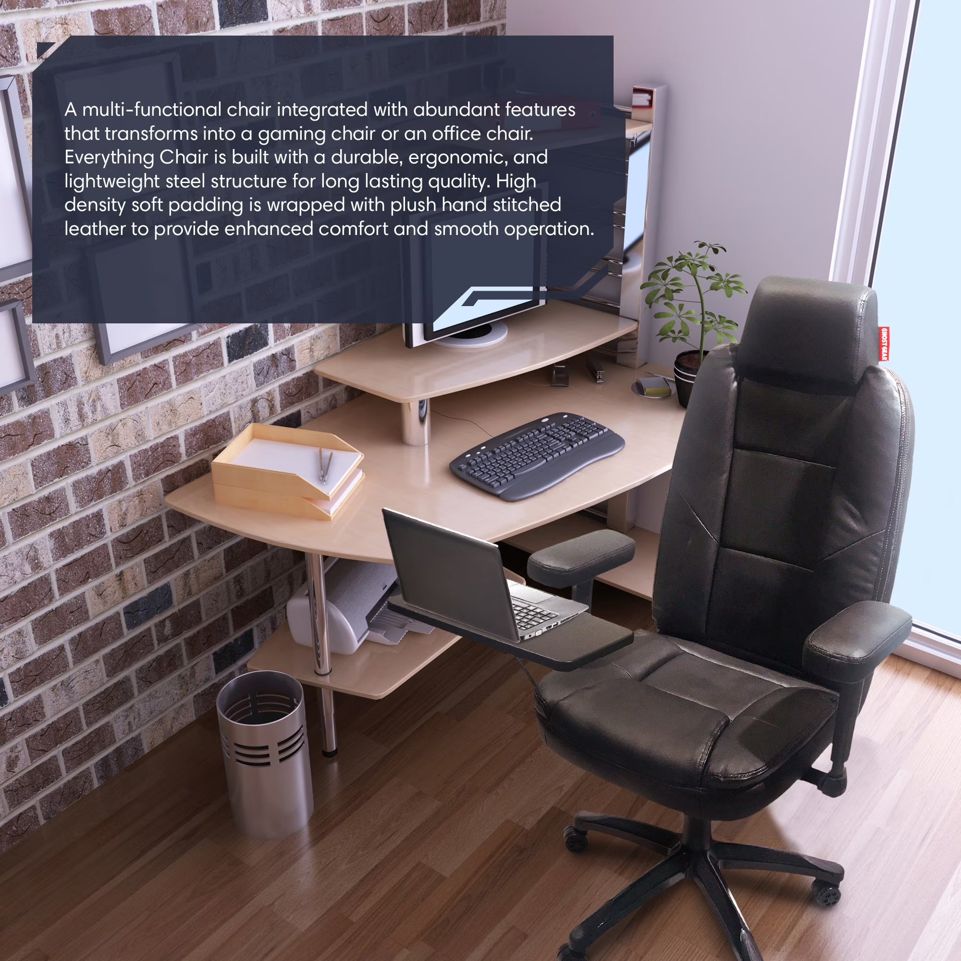 Adult Plush Hand Stitched Leather Ergonomic Gaming Chairs with Laptop Tray Desk Chair, Black