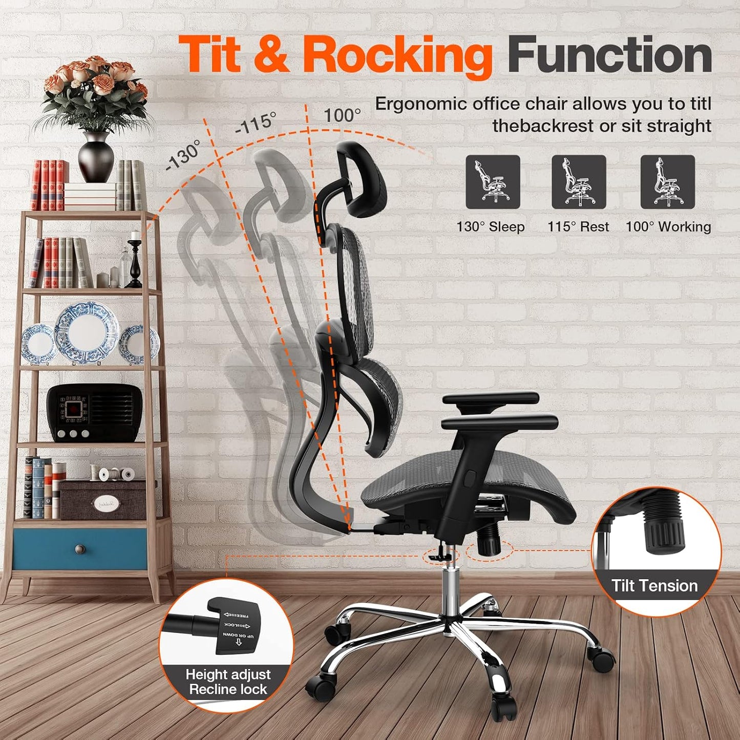 Office Chair, Ergonomic Office Chair, High Back Home Office Desk Chairs with Adjustable Headrest Armrests, Breathable Mesh Office Chair with Lumbar Support and Tilt Function, Black