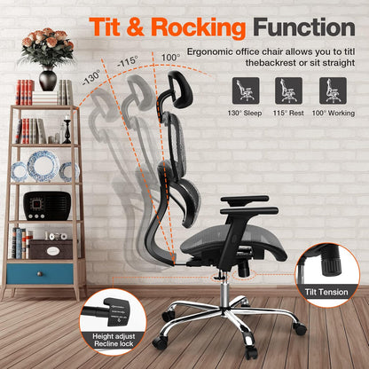 Office Chair, Ergonomic Office Chair, High Back Home Office Desk Chairs with Adjustable Headrest Armrests, Breathable Mesh Office Chair with Lumbar Support and Tilt Function, Black