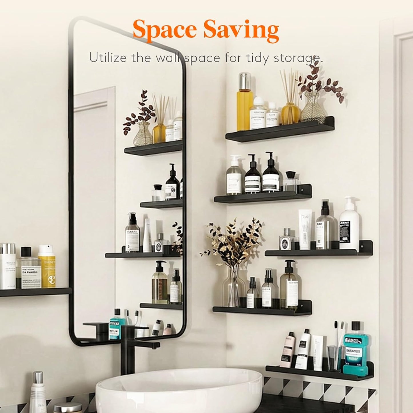Floating Shelves for Bathroom, Acrylic Display Shelf Wall Mounted for Makeup, Skincare, Nail Polish, Book, 14" Perfume Organizer for Bedroom, Living Room, Nursery, Home Decor, Black, 4 Pack