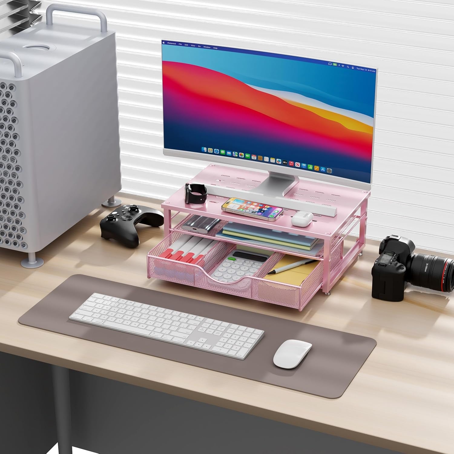 Computer Monitor Stand Riser, Office Organizer with Drawer, Office Organizers Storage for Classroom Office Supplies (Pink)
