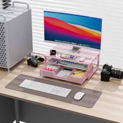 Computer Monitor Stand Riser, Office Organizer with Drawer, Office Organizers Storage for Classroom Office Supplies (Pink)