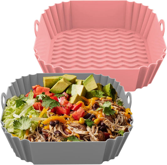8 Inch Square Silicone Air Fryer Liners (2 Pack) Pink & Grey Reusable Non-Stick Inserts with Handles for Mess-Free Cooking & Heat Resistance – for Airfryer Ninja COSORI Instant Vortex & More