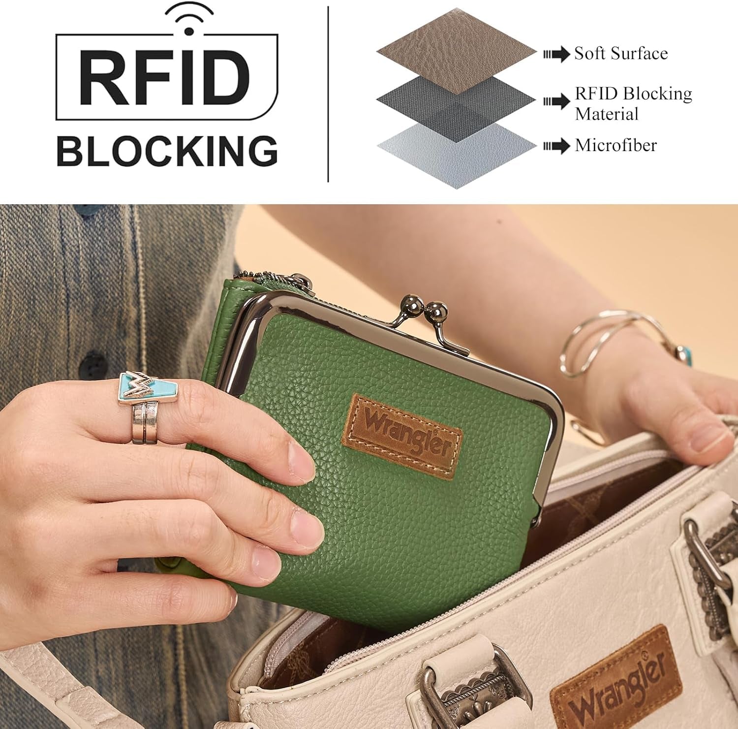 Wrangler Women'S Wallet RFID Blocking Wallets Small Bifold Credit Card Holder with Kiss Clasp Green