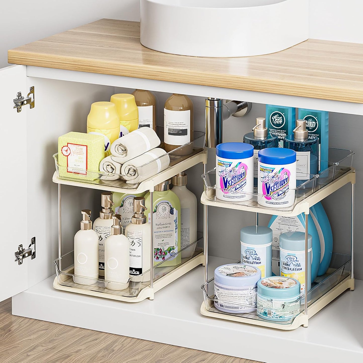 2-Tier Multi-Purpose Bathroom under Sink Organizers and Storage, Stackable Kitchen Pantry Organization, Pull Out Medicine Cabinet Organizer with Movable Dividers, Beige, 4 Pack