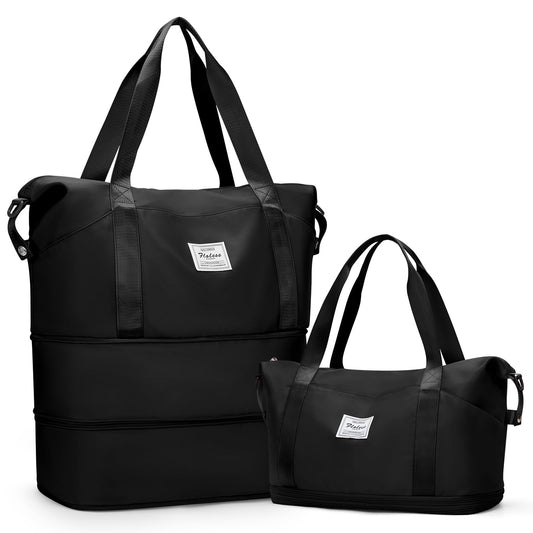 Expandable Travel Duffle Bag for Women Men Large Gym Bag Travel Tote Bags Waterproof Carry On Personal Item Bag Airline Approved Workout Weekender Bag for Overnight Trips with Luggage Sleeve Black