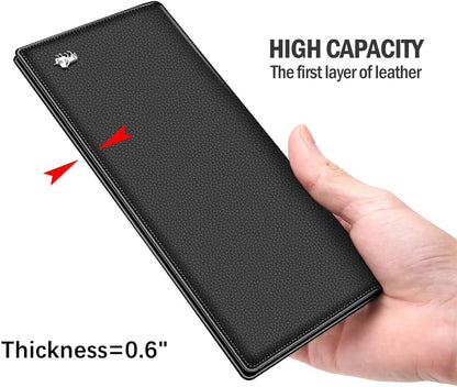 RFID Bifold Wallets Slim Credit Card Wallet Real Leather Mens Long Wallet with Zipper Coin Pocket