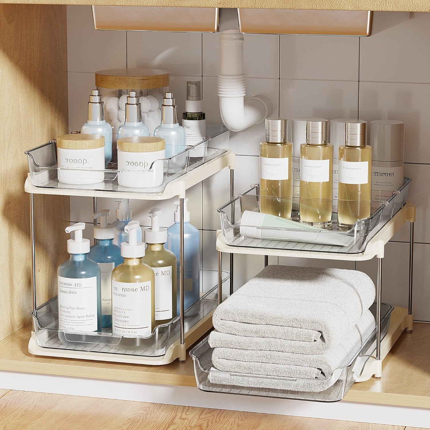 2-Tier Multi-Purpose Bathroom under Sink Organizers and Storage, Stackable Kitchen Pantry Organization, Pull Out Medicine Cabinet Organizer with Movable Dividers, Beige, 4 Pack