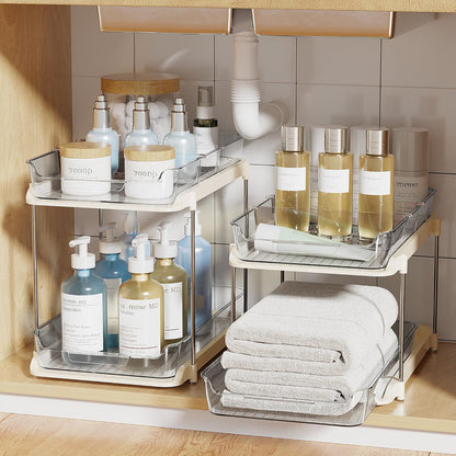 2-Tier Multi-Purpose Bathroom under Sink Organizers and Storage, Stackable Kitchen Pantry Organization, Pull Out Medicine Cabinet Organizer with Movable Dividers, Beige, 4 Pack