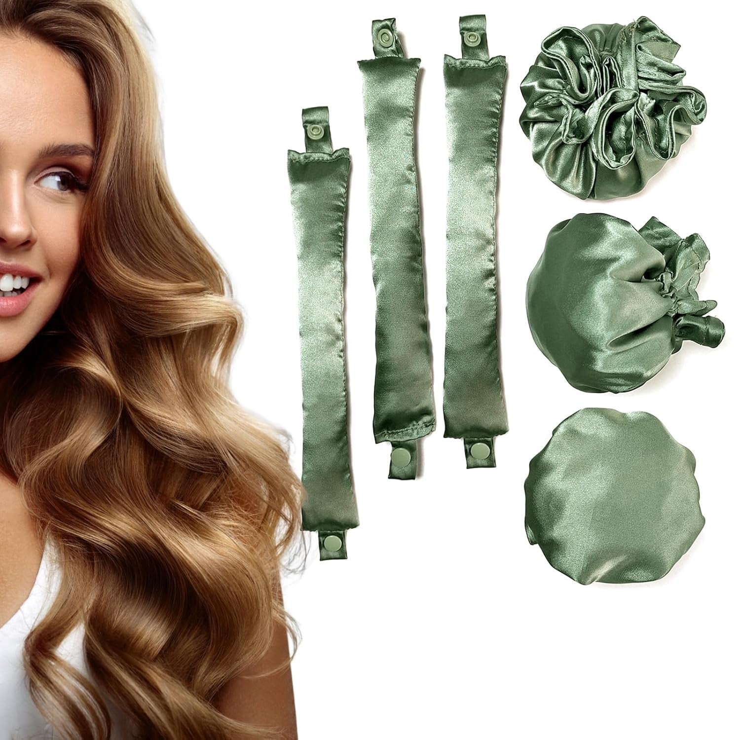 3Sets/6Pcs  New Satin Heatless Hair Curler,Hair Rollers for Heatless Curls with Hair Caps,Soft Heatless Curling Rod Headband for All Hair T,No Heat Curling to Sleep in Overnight (4-Olive Green)