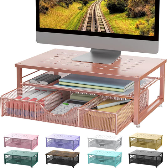 Computer Monitor Stand Riser, Office Organizer with Drawer, Office Organizers Storage for Classroom Office Supplies (Rose)