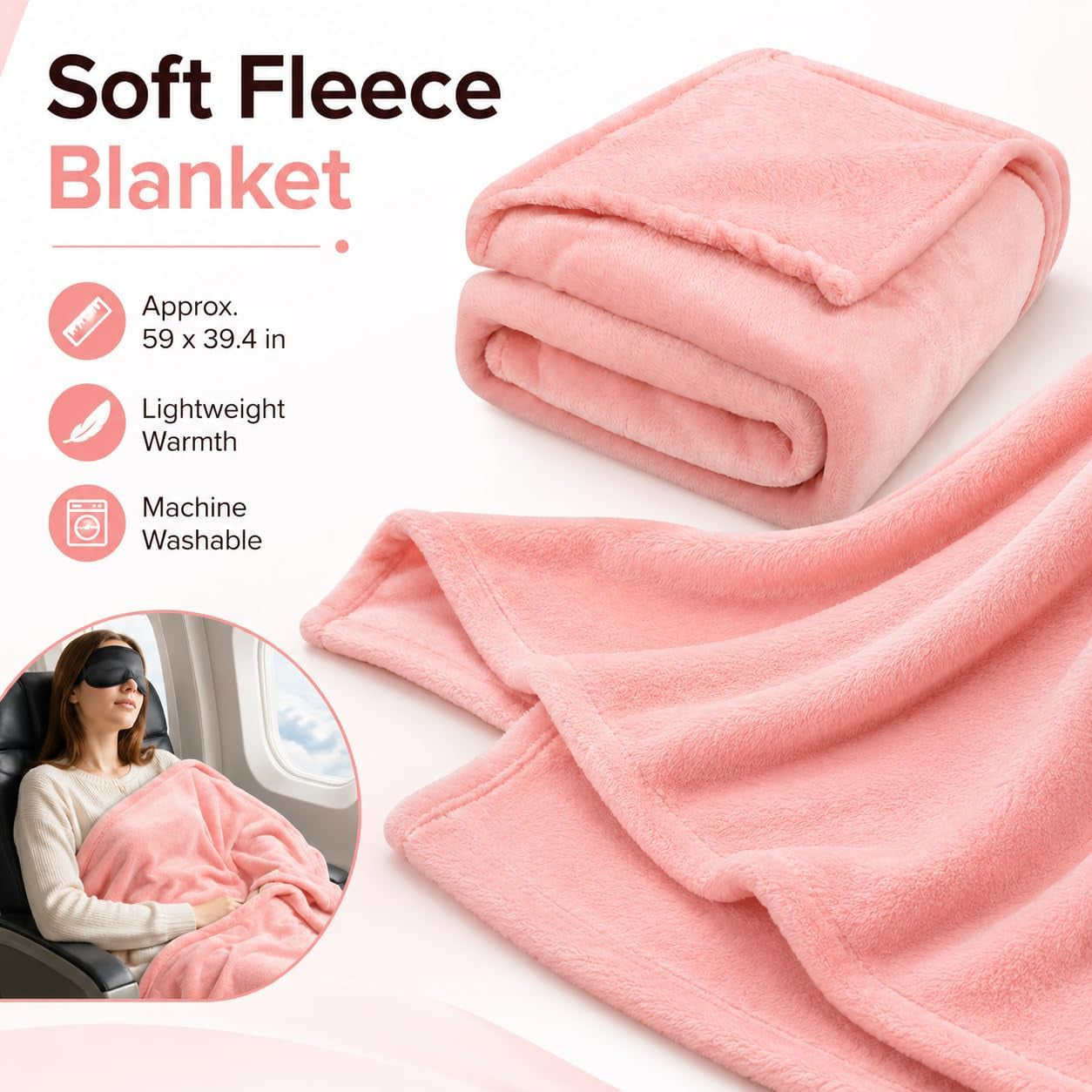 Travel Pillow and Blanket Set & Foot Rest, Memory Foam Neck Pillow Airplane Blanket & Airplane Foot Hammock & Foldable Duffel Bag, Eye Mask & Earplugs, Portable Travel Accessories Essentials, Pink